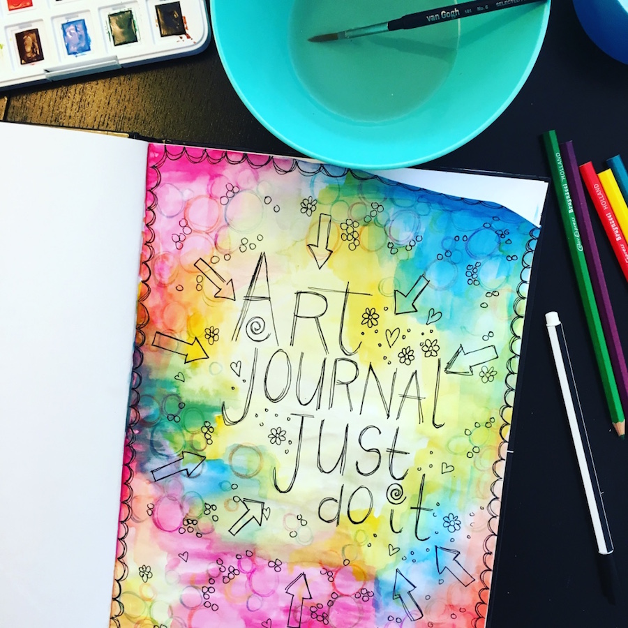 art journal, diy, creatief, me time, knutselen, verf, waskrijt, stempels, waterverf, aquaria, collage